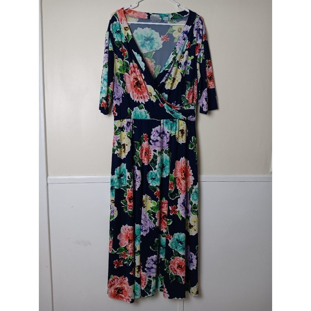 Avenue Navy Floral Faux Wrap Maxi Dress Womens Plus Size 14/16 Short Sleeve